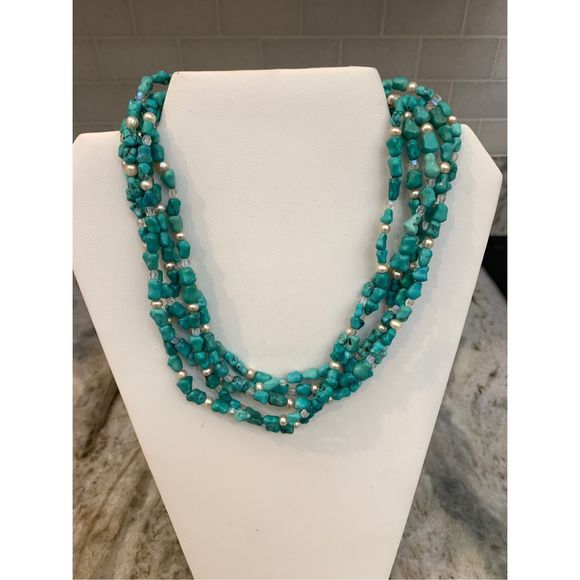 Turquoise Howlite and Pearl Necklace with Matching Bracelet #stunning #western - Picture 2 of 12